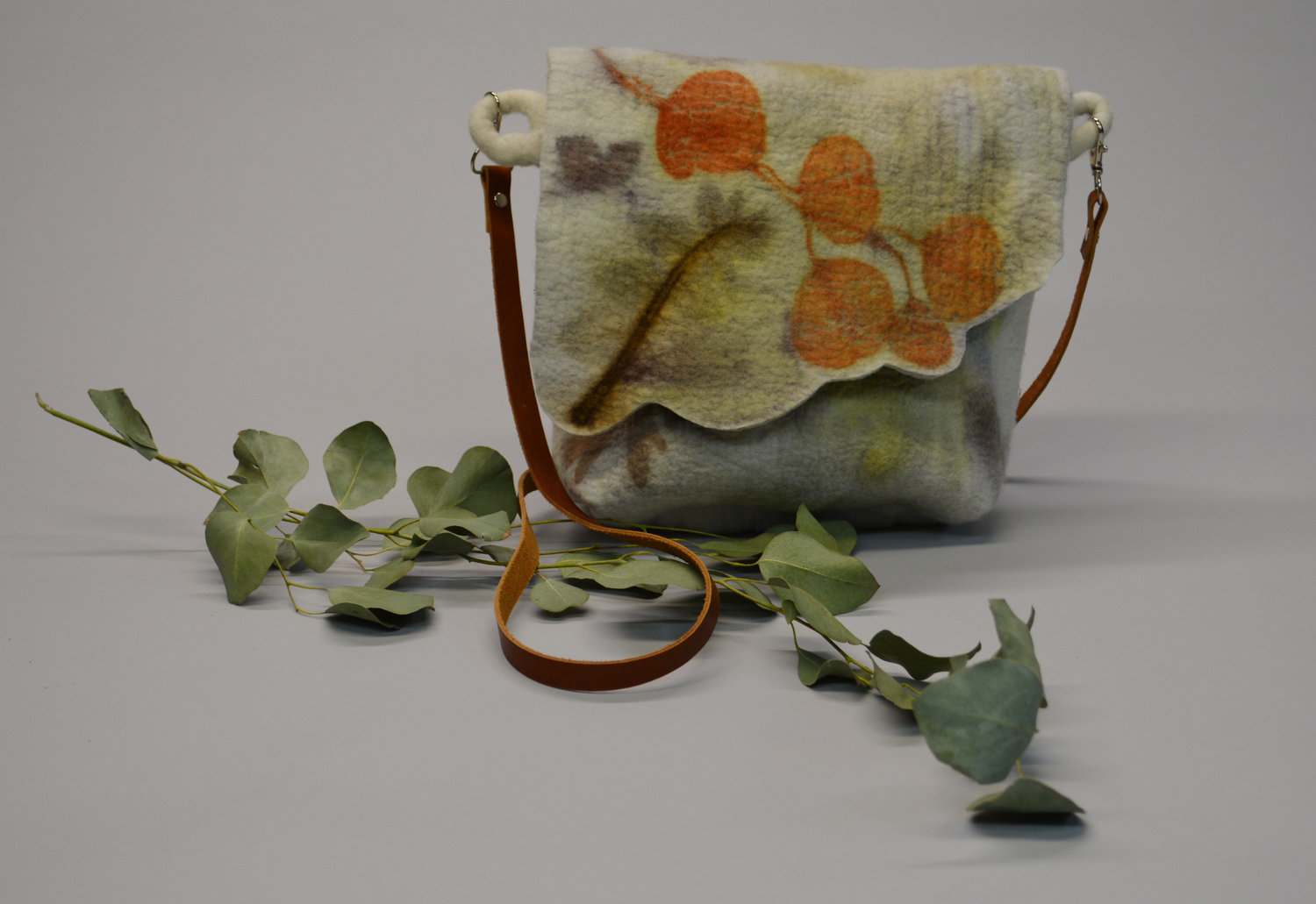 Handmade felted purse by Ellen Silberlicht, eco-printed with leaves.